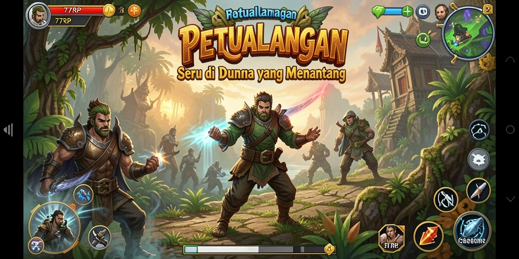 Gameplay 77RP menampilkan karakter menjelajahi dunia petualangan.