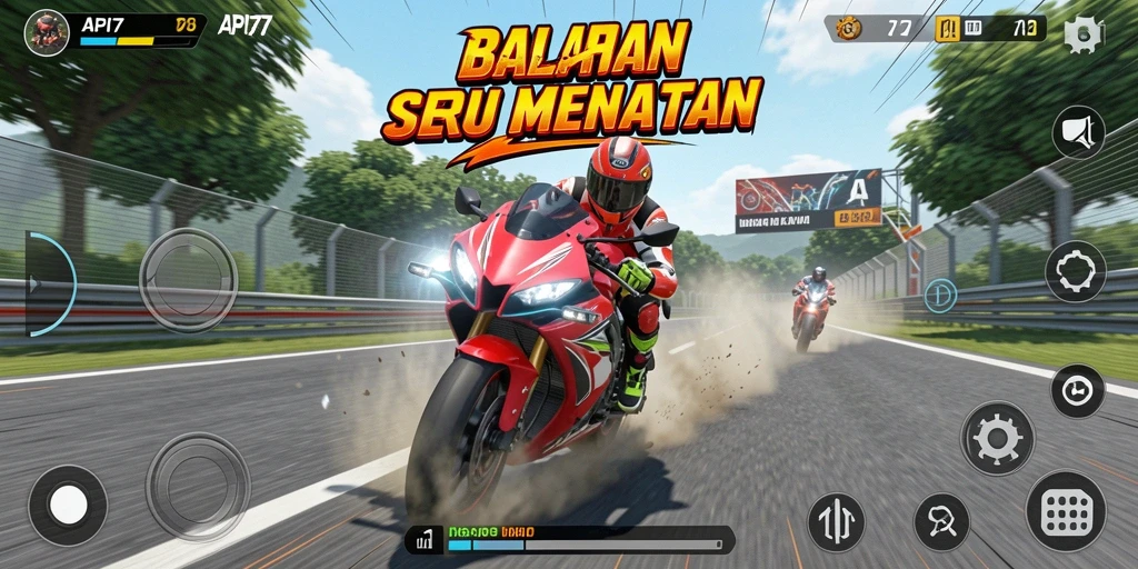 Screenshot menampilkan balapan motor yang mendebarkan dalam API77.