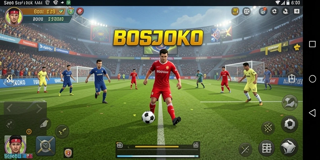Screenshot gameplay BOSJOKO menampilkan momen seru pertandingan sepak bola.
