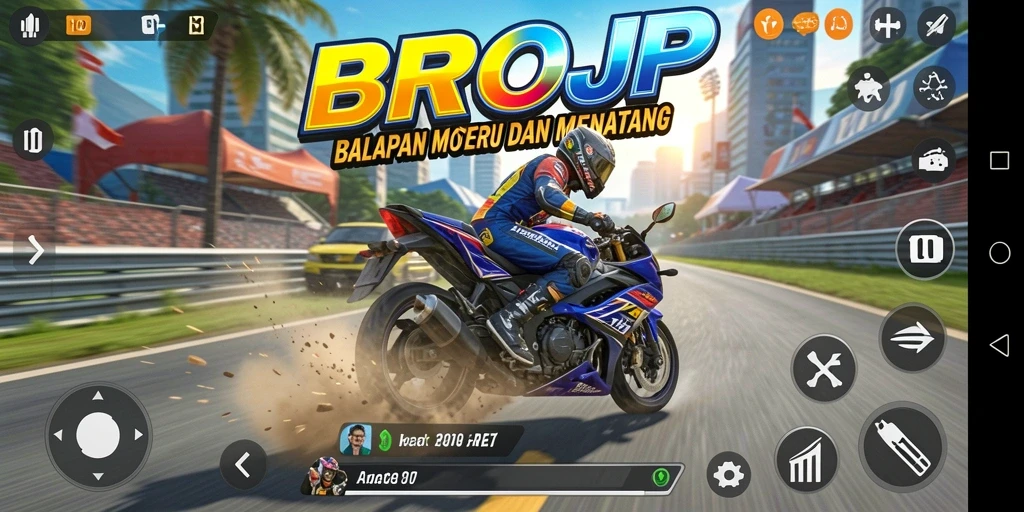 Tampilan utama gameplay BROJP dengan balapan motor yang seru.