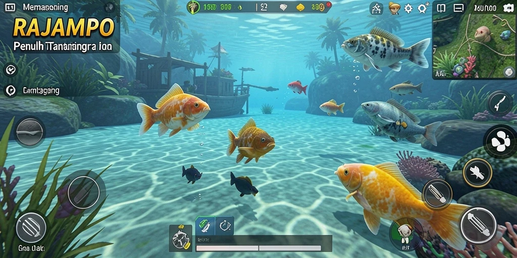 Screenshot utama RAJAMPO menunjukkan pemain menangkap ikan besar di tepi danau.