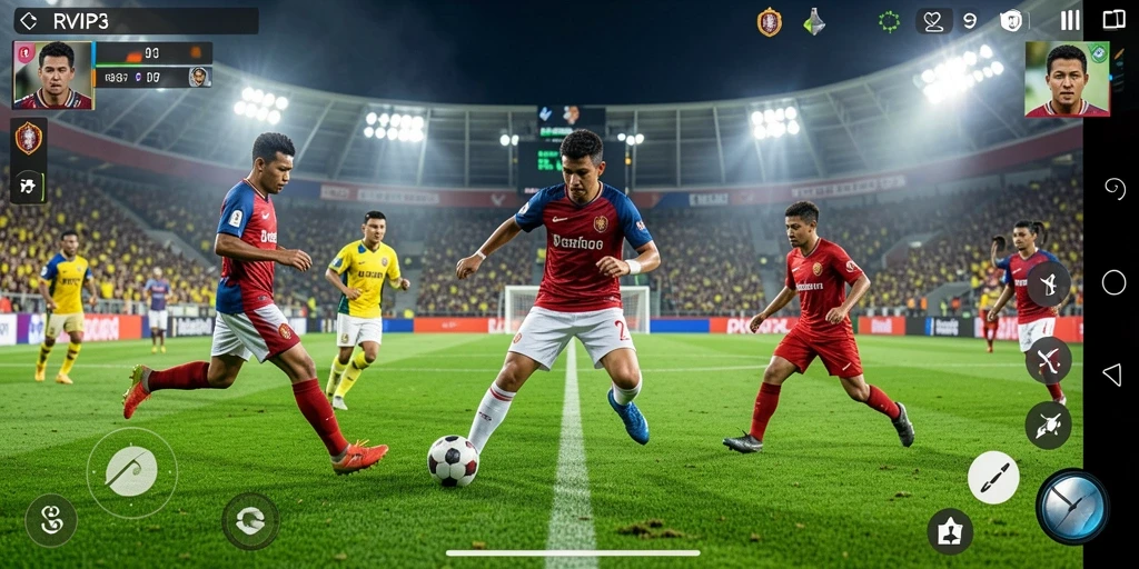 Tampilan gameplay seru yang menggambarkan aksi di lapangan sepak bola.