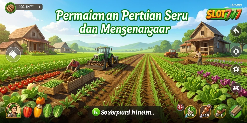 Screenshot menampilkan gameplay SLOT777 dengan latar pertanian yang indah.