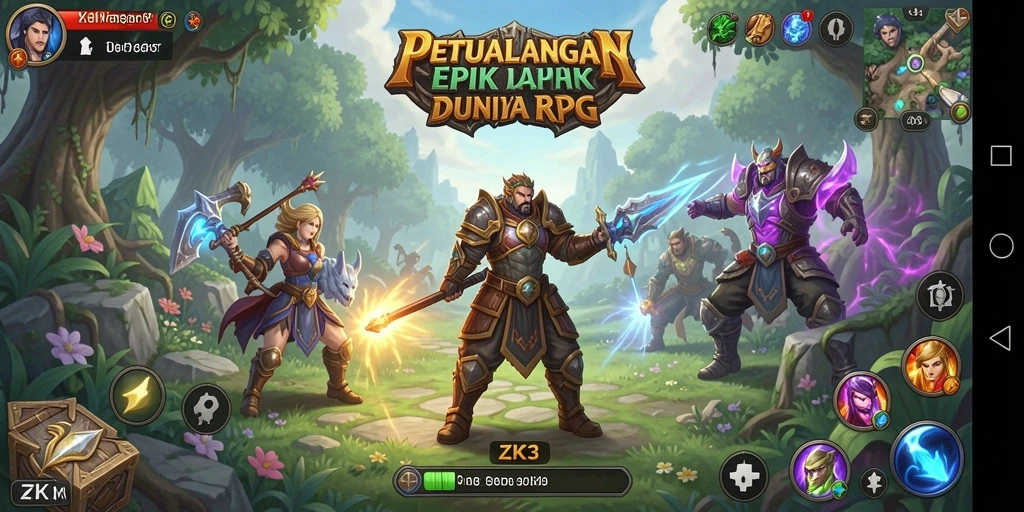 Screenshot gameplay ZK3 menampilkan aksi pertempuran yang intens di dunia fantasi.